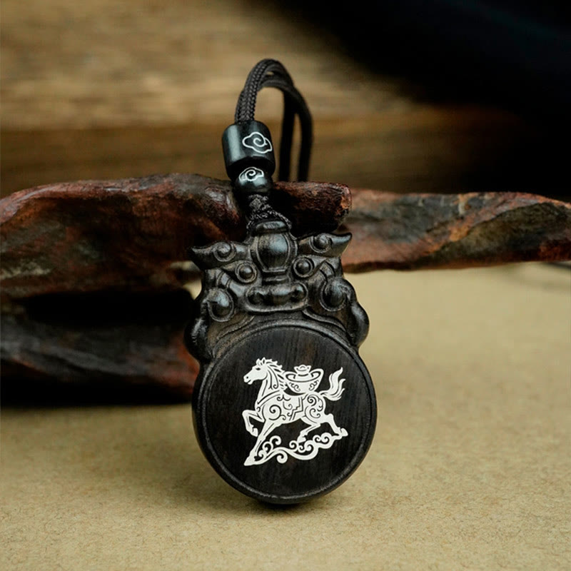 Buddha Stones Year Of The Horse Fu Character Ebony Wood Jujube Wood Balance Necklace Pendants - Ebony Wood Horse Ingot - image 0
