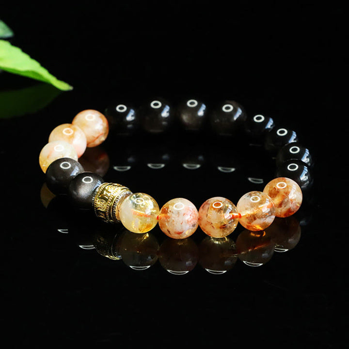 Buddha Stones Om Mani Padme Hum Silver Sheen Obsidian Citrine Protection Bracelet - image 3
