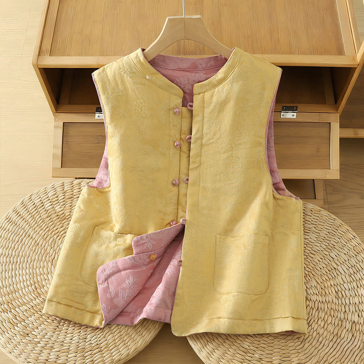 Buddha Stones Flower Pattern Frog-Button Women's Cotton Sleeveless Vest Waistcoat - Yellow - US8-10，UK/AU12-14，EU40-42 (2XL) - image 10