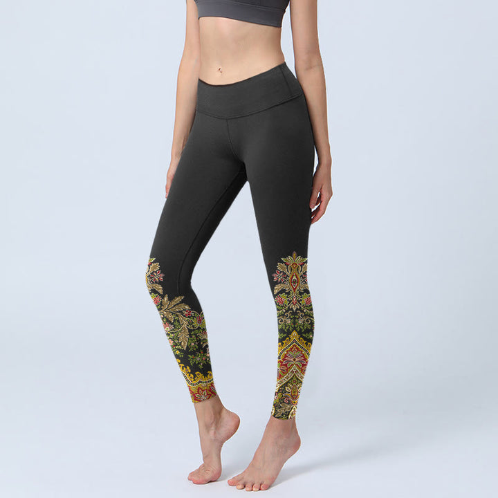Buddha Stones Delicate Warm Tones Flower Leaf Pattern Print Gym Leggings Women's Yoga Pants - Black - US18，UK/AU22，EU50 (4XL) - image 0