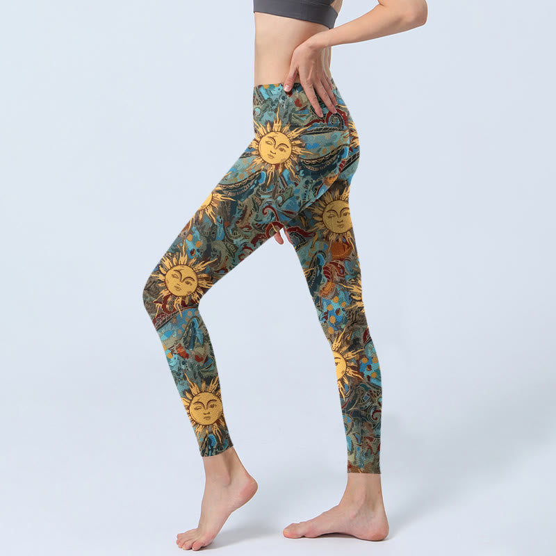 Buddha Stones Golden Personified Sun Pattern Print Gym Leggings Women's Yoga Pants - image 2