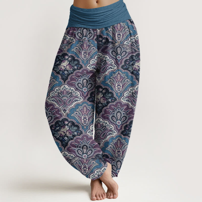 Buddha Stones Cotton Repetitive Fan Shape Flowers Leaves Pattern Women's Elastic Waist Harem Pants - SteelBlue - US16，UK/AU20，EU48 (3XL) - image 5