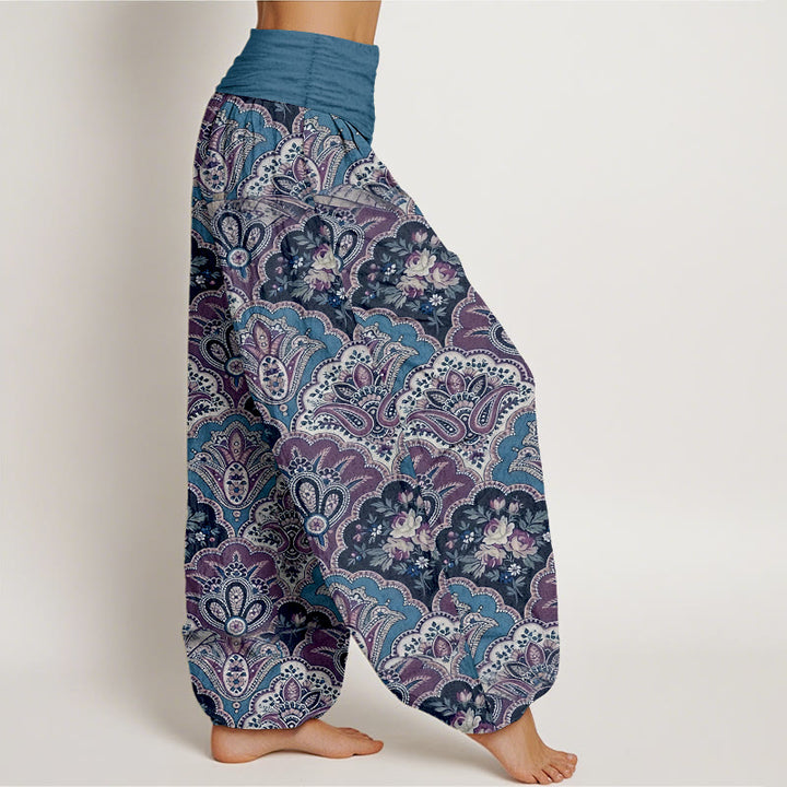 Buddha Stones Cotton Repetitive Fan Shape Flowers Leaves Pattern Women's Elastic Waist Harem Pants - image 7