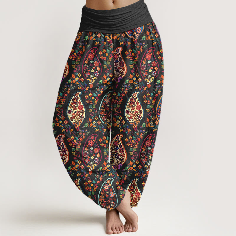 Buddha Stones Cotton Brightly Colored Retro Flowers Leaves Pattern Women's Elastic Waist Harem Pants - Black - US16，UK/AU20，EU48 (3XL) - image 0