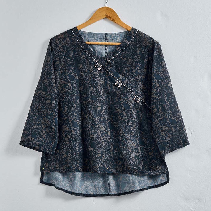 Buddha Stones Spring V-Neck Printed Floral Pattern Women's Long Sleeve Shirt - DarkSlateGray - US8-10，UK/AU12-14，EU40-42 (2XL) - image 18