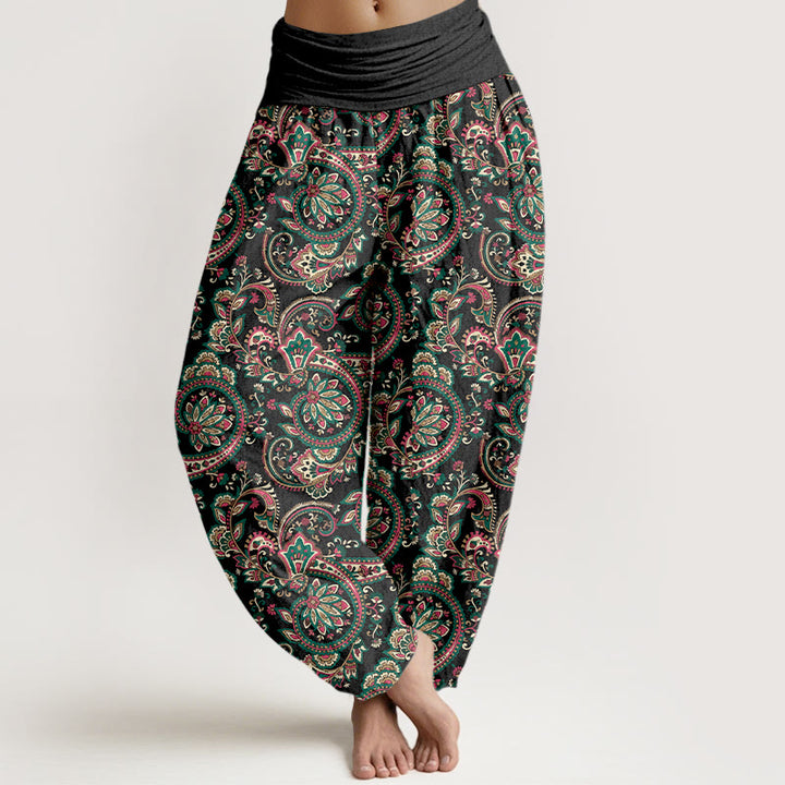 Buddha Stones Cotton Retro Complex Flowers Leaves Vine Pattern Women's Elastic Waist Harem Pants - Black - US16，UK/AU20，EU48 (3XL) - image 0