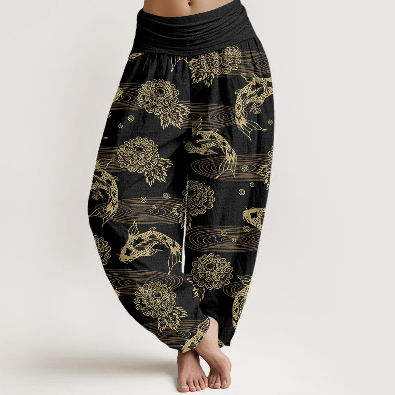 Buddha Stones Cotton Exquisite Koi Fish Flowers Leaves Curve Pattern Women's Elastic Waist Harem Pants - Black - US16，UK/AU20，EU48 (3XL) - image 0