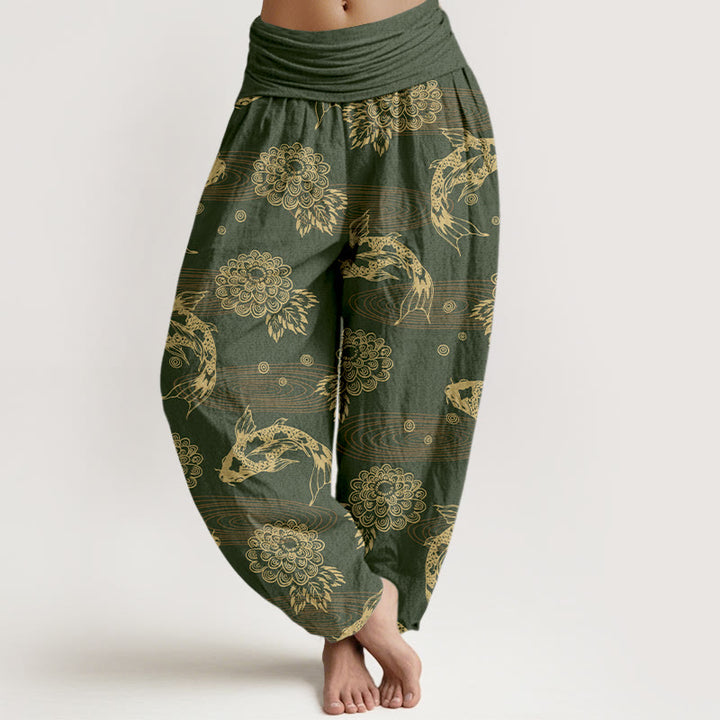 Buddha Stones Cotton Exquisite Koi Fish Flowers Leaves Curve Pattern Women's Elastic Waist Harem Pants - OliveDrab - US16，UK/AU20，EU48 (3XL) - image 5