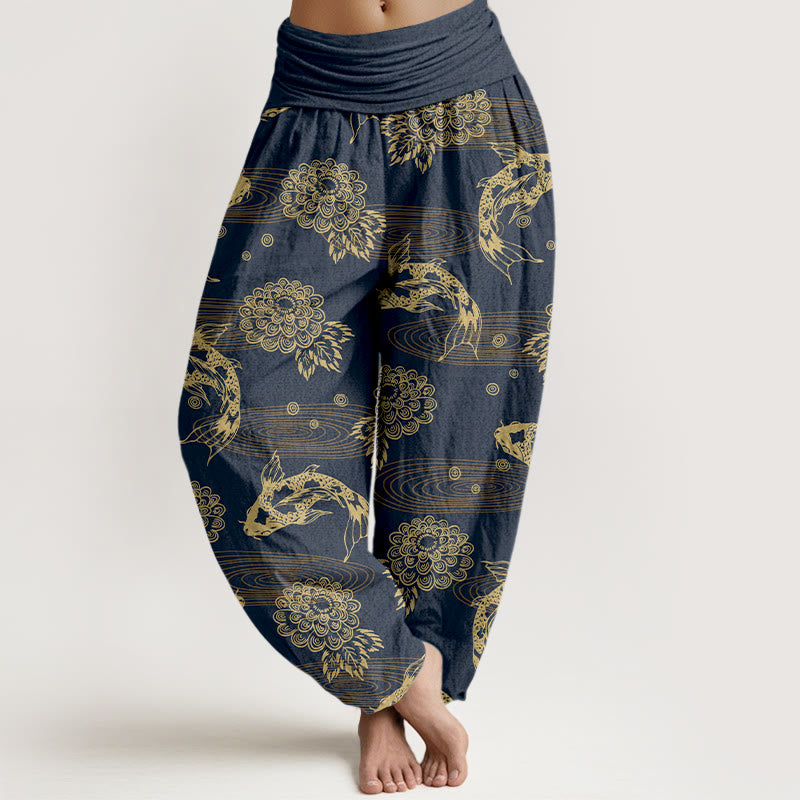 Buddha Stones Cotton Exquisite Koi Fish Flowers Leaves Curve Pattern Women's Elastic Waist Harem Pants - DarkSlateBlue - US16，UK/AU20，EU48 (3XL) - image 8