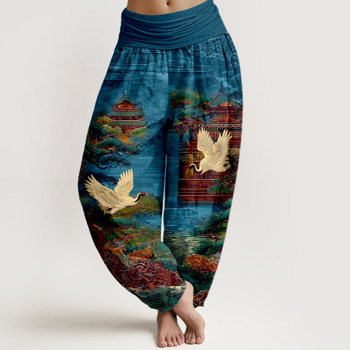 Buddha Stones Cotton Exquisite Crane Architecture Pine Tree Cloud Pattern Women's Elastic Waist Harem Pants - Blue - US16，UK/AU20，EU48 (3XL) - image 0