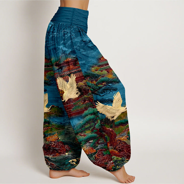 Buddha Stones Cotton Exquisite Crane Architecture Pine Tree Cloud Pattern Women's Elastic Waist Harem Pants - image 2