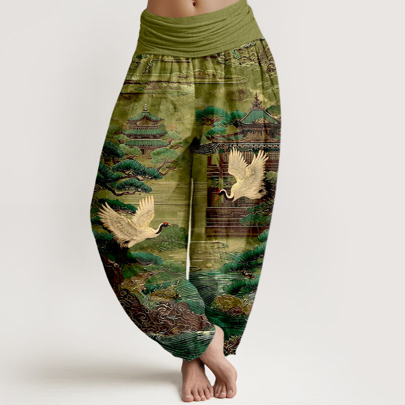 Buddha Stones Cotton Exquisite Crane Architecture Pine Tree Cloud Pattern Women's Elastic Waist Harem Pants - OliveDrab - US16，UK/AU20，EU48 (3XL) - image 5