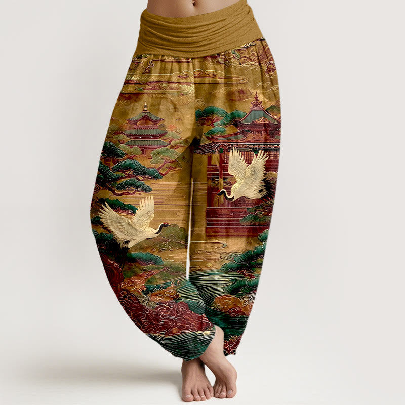 Buddha Stones Cotton Exquisite Crane Architecture Pine Tree Cloud Pattern Women's Elastic Waist Harem Pants - DarkGoldenrod - US16，UK/AU20，EU48 (3XL) - image 8