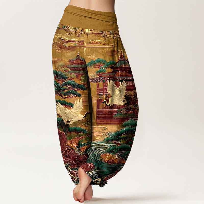 Buddha Stones Cotton Exquisite Crane Architecture Pine Tree Cloud Pattern Women's Elastic Waist Harem Pants - image 9