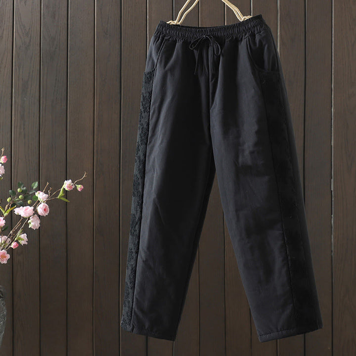 Buddha Stones Flower Pattern Cotton Polyester Embroidery Thick Women's Pants With Pockets - Black - US8-10，UK/AU12-14，EU40-42 (2XL) - image 15