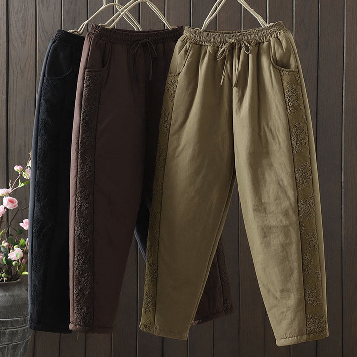 Buddha Stones Flower Pattern Cotton Polyester Embroidery Thick Women's Pants With Pockets - image 0