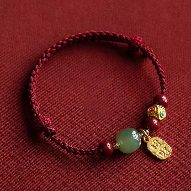 Buddha Stones Lucky Fortune Charm Hetian Cyan Jade White Jade Multicolored Braided String Prosperity Bracelet - Red String&Hetian Cyan Jade - 17-18cm - image 0