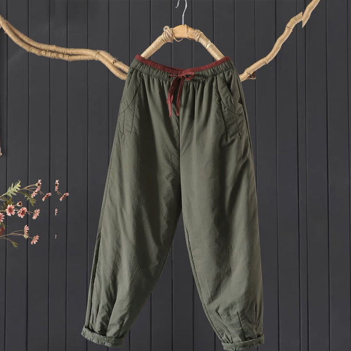Buddha Stones Plain Color Blocking Cotton Polyester Thick Women's Pants With Pockets - DarkOliveGreen - US12，UK/AU16，EU44 (3XL) - image 0
