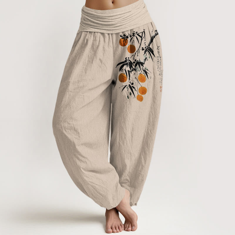 Buddha Stones Pure Cotton Brightly Colored Fruit Branches Pattern Women's Elastic Waist Harem Pants - Tan - US16，UK/AU20，EU48 (3XL) - image 0