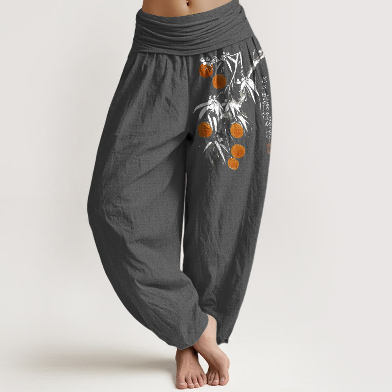 Buddha Stones Pure Cotton Brightly Colored Fruit Branches Pattern Women's Elastic Waist Harem Pants - DimGray - US16，UK/AU20，EU48 (3XL) - image 11