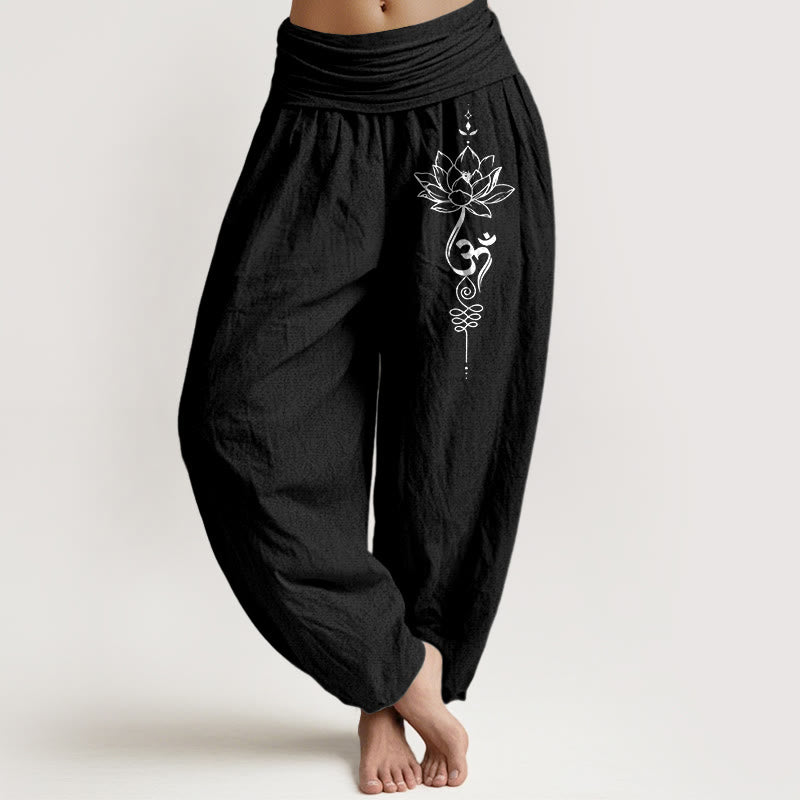 Buddha Stones Pure Cotton Minimalist Style Lotus Om Symbol Pattern Women's Elastic Waist Harem Pants - Black - US16，UK/AU20，EU48 (3XL) - image 0