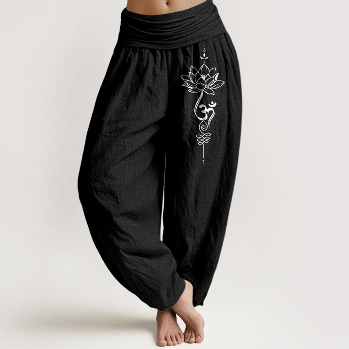 Buddha Stones Pure Cotton Minimalist Style Lotus Om Symbol Pattern Women's Elastic Waist Harem Pants - Black - US16，UK/AU20，EU48 (3XL) - image 0