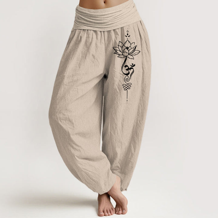Buddha Stones Pure Cotton Minimalist Style Lotus Om Symbol Pattern Women's Elastic Waist Harem Pants - Tan - US16，UK/AU20，EU48 (3XL) - image 11