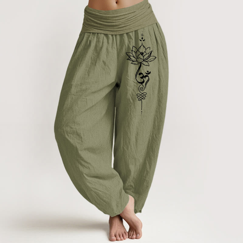 Buddha Stones Pure Cotton Minimalist Style Lotus Om Symbol Pattern Women's Elastic Waist Harem Pants - OliveDrab - US16，UK/AU20，EU48 (3XL) - image 14