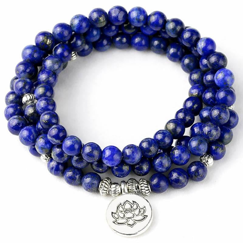 Buddha Stones 108 Beads Lazurite Lotus Symbol Charm Positive Mala - Lazurite(Wrist Circumference: 18-21 cm) - image 0