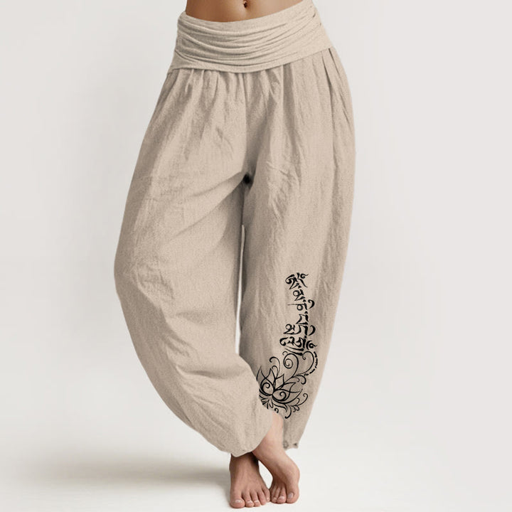 Buddha Stones Pure Cotton Simple Om Mani Padme Hum Lotus Pattern Women's Elastic Waist Harem Pants - Tan - US16，UK/AU20，EU48 (3XL) - image 11