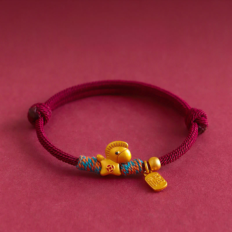 Buddha Stones 999 Sterling Silver Year of the Horse Fu Character Charm Braided String Faith Bracelet - Red Rope Gold Horse(Wrist Circumference: 15-18cm) - image 2
