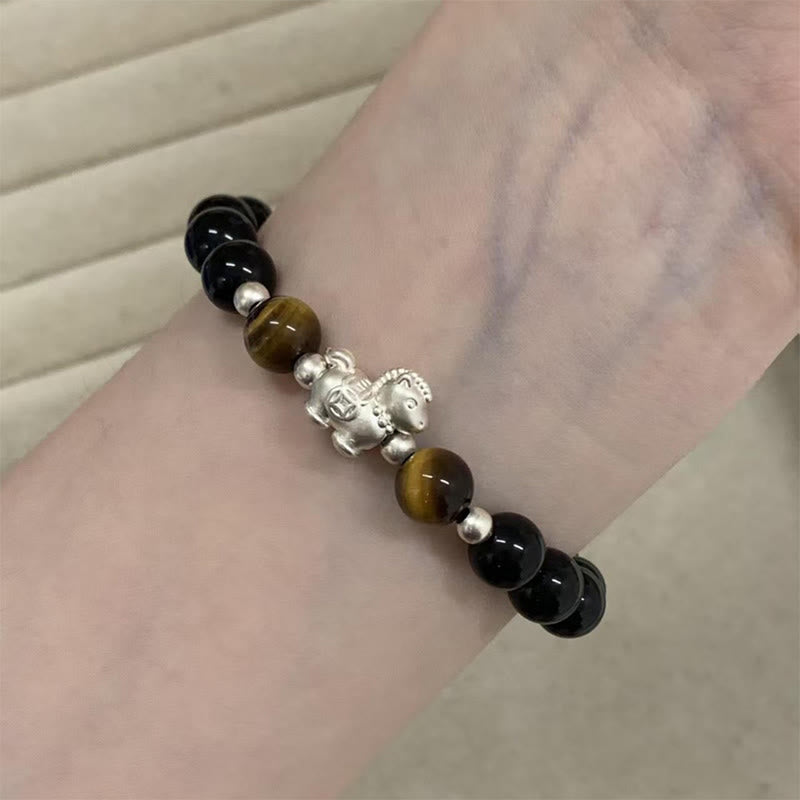 Buddha Stones Year Of The Horse 999 Sterling Silver Horse Charm Black Obsidian Tiger Eye Strength Bracelet - image 8
