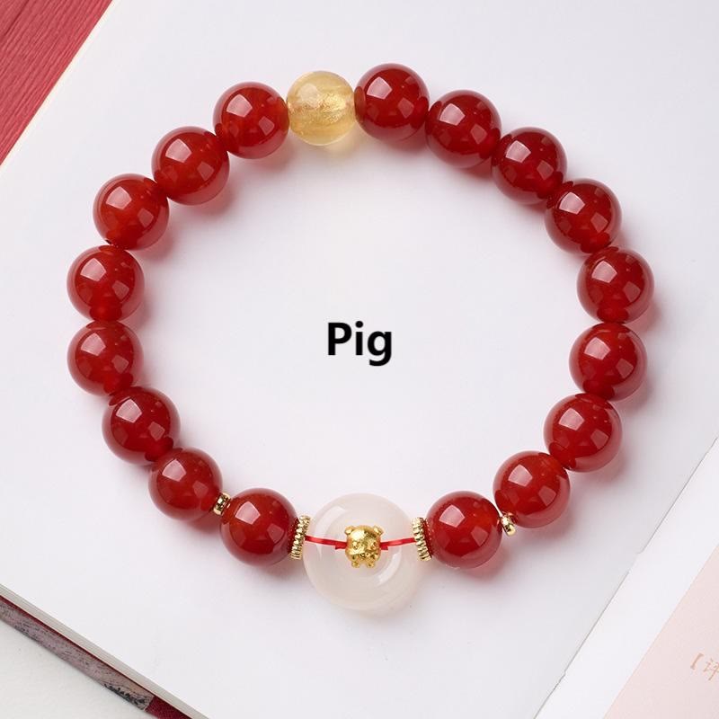 Buddha Stones Chinese Zodiac Year Of The Horse Peace Buckle Red Agate White Chalcedony Confidence Bracelet - Pig - image 31