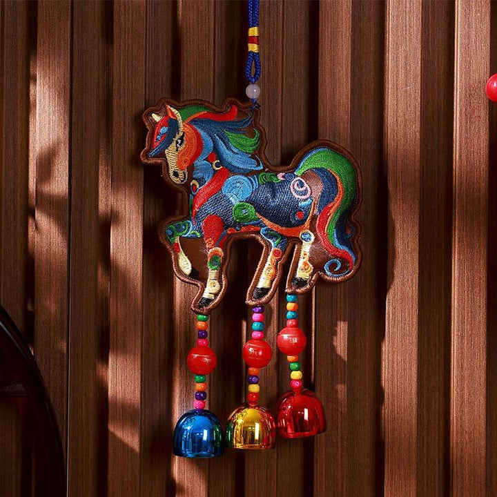 Buddha Stones Year Of The Horse Embroidery Bell Tassel Hanging Decoration - Brown Background Colorful Horse Bell(10*13cm) - image 1