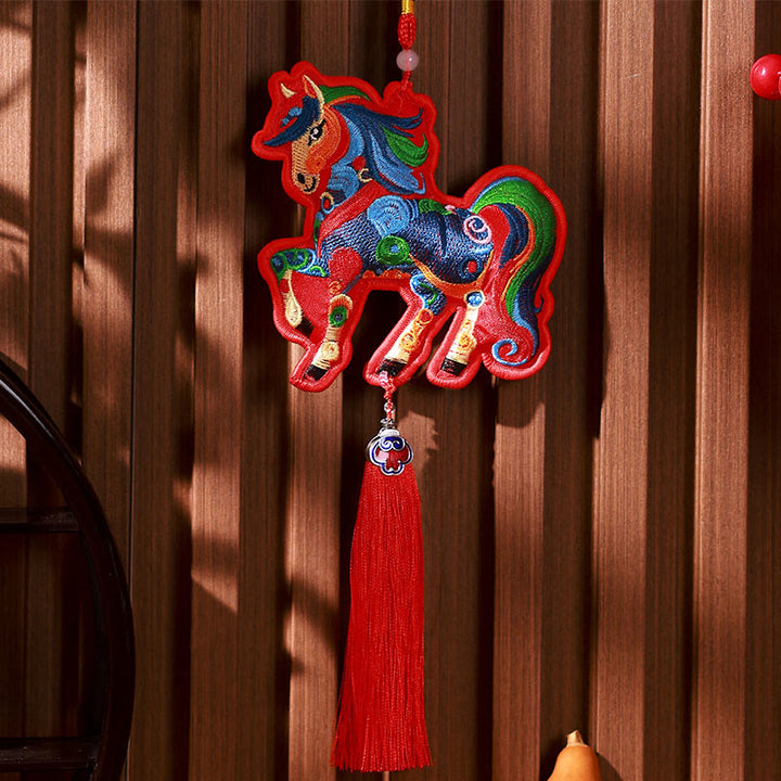 Buddha Stones Year Of The Horse Embroidery Bell Tassel Hanging Decoration - Red Background Colorful Horse Tassel(10*13cm) - image 10