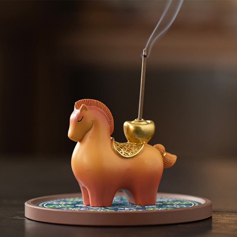 Buddha Stones Year Of The Horse 2026 New Year Ingot Attracting Wealth Home Decoration Incense Burner - Horse Ingot Incense Burner Blue Base(10*10*6cm) - image 3