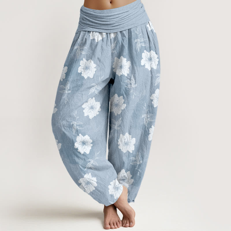 Buddha Stones Pure Cotton White Flowers Grass Women's Elastic Waist Harem Pants - LightSkyBlue - US16，UK/AU20，EU48 (3XL) - image 0