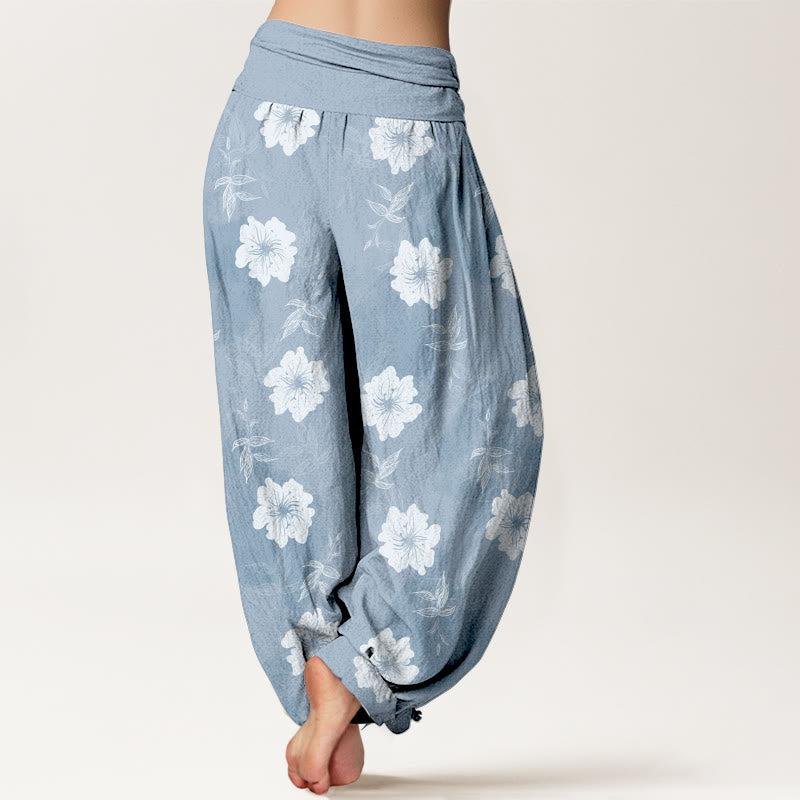 Buddha Stones Pure Cotton White Flowers Grass Women's Elastic Waist Harem Pants - image 1