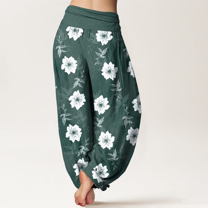 Buddha Stones Pure Cotton White Flowers Grass Women's Elastic Waist Harem Pants - image 9