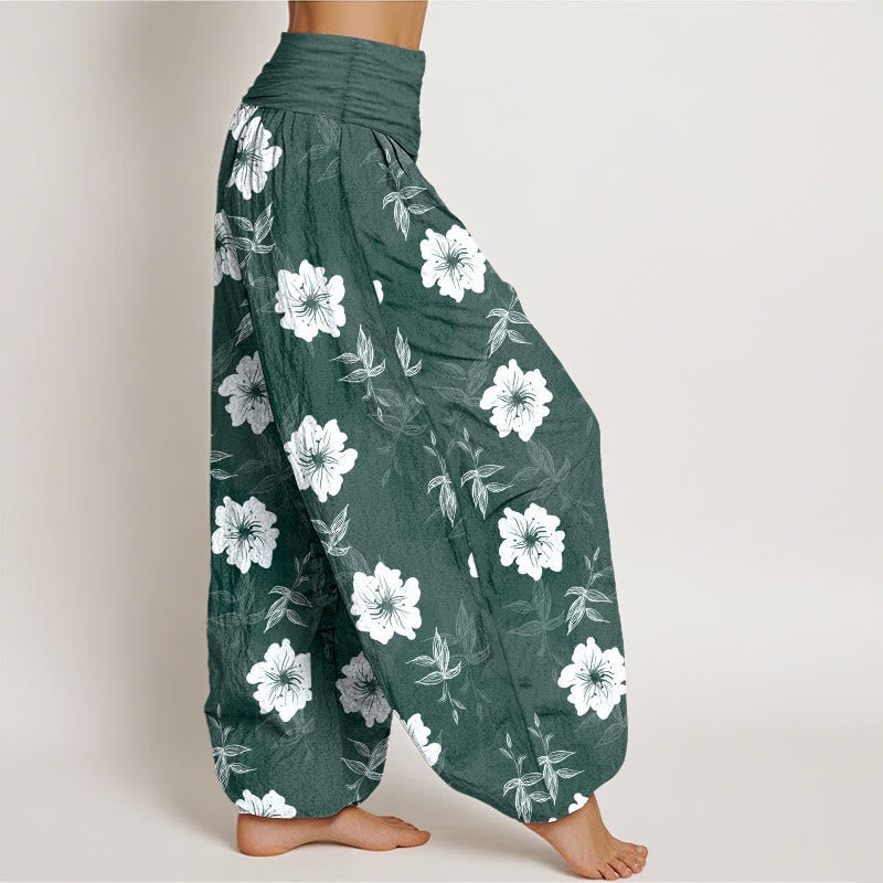 Buddha Stones Pure Cotton White Flowers Grass Women's Elastic Waist Harem Pants - image 10