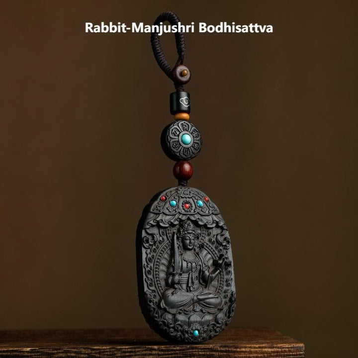 Buddha Stones Chinese Zodiac Natal Buddha Year of the Horse Om Mani Padme Hum Lotus Ebony Blessing Key Chain - Rabbit-Manjushri Bodhisattva - image 1