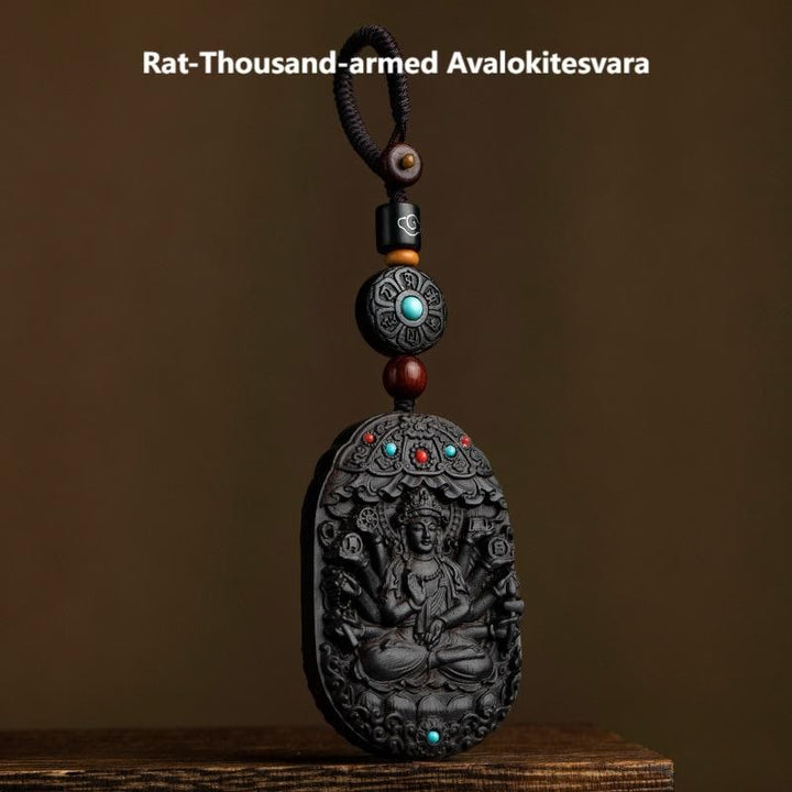 Buddha Stones Chinese Zodiac Natal Buddha Year of the Horse Om Mani Padme Hum Lotus Ebony Blessing Key Chain - Rat-Thousand-armed Avalokitesvara - image 20