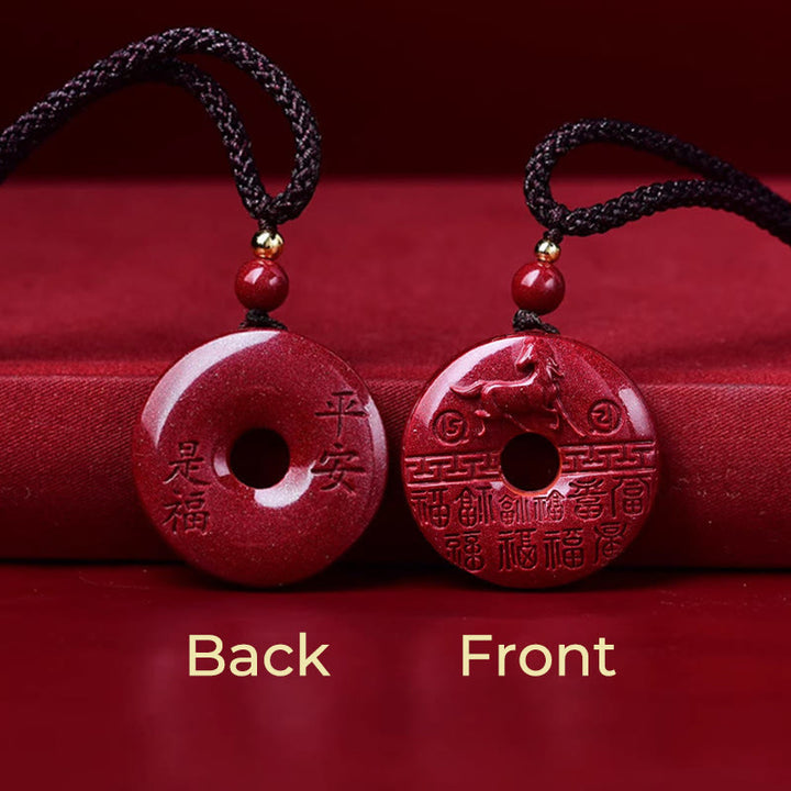 Buddha Stones Year Of The Horse Carved Fu Character Peace Buckle Design Cinnabar Blessing Auspicious Necklace Pendant - image 1