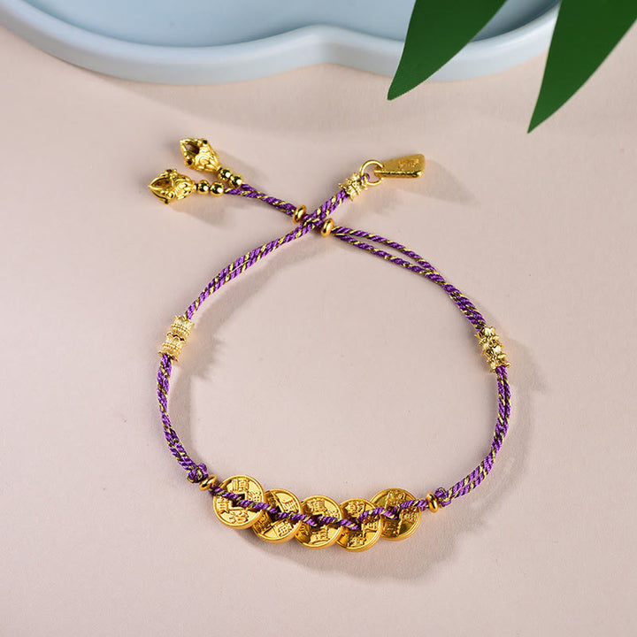 Buddha Stones Five-Emperor Coins Copper Balance Hand-Woven String Bracelet  - Purple Five Emperors Coins(Wrist Circumference: 16-19cm) - image 15