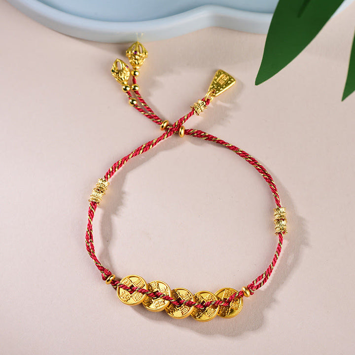 Buddha Stones Five-Emperor Coins Copper Balance Hand-Woven String Bracelet  - image 2