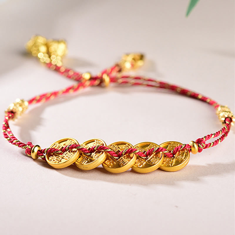 Buddha Stones Five-Emperor Coins Copper Balance Hand-Woven String Bracelet  - Red Five Emperors Coins(Wrist Circumference: 16-19cm) - image 0