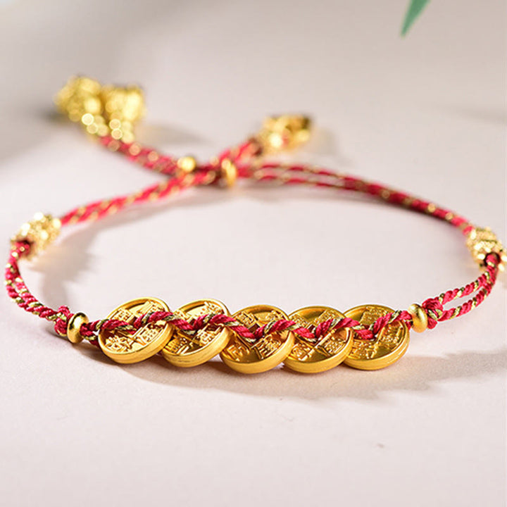 Buddha Stones Five-Emperor Coins Copper Balance Hand-Woven String Bracelet  - Red Five Emperors Coins(Wrist Circumference: 16-19cm) - image 0