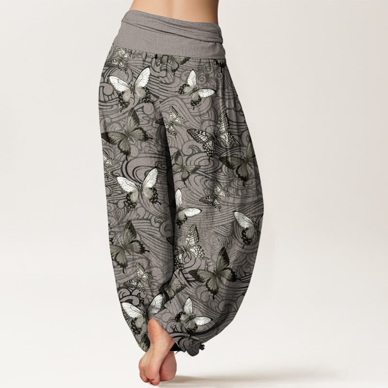 Buddha Stones Pure Cotton Gray Black Butterfly Striped Women's Elastic Waist Harem Pants - image 1