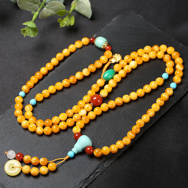 Buddha Stones 108 Beads Peace Buckle Lucky Cat Amber Auspicious Fortune Mala - 10mm - image 0
