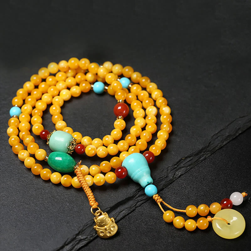 Buddha Stones 108 Beads Peace Buckle Lucky Cat Amber Auspicious Fortune Mala - image 3